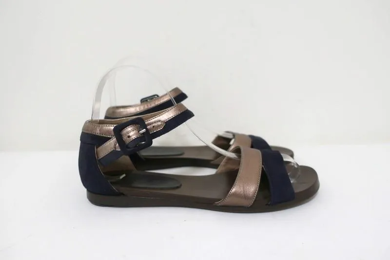 Marni Ankle Strap Sandals Bronze Leather & Navy Suede Size 36.5 Open Toe Flats