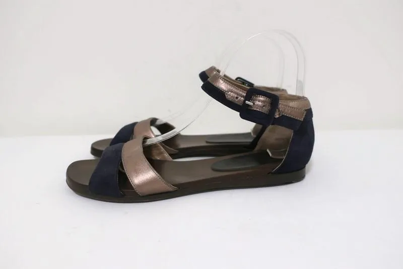 Marni Ankle Strap Sandals Bronze Leather & Navy Suede Size 36.5 Open Toe Flats