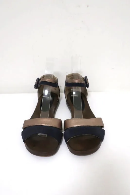 Marni Ankle Strap Sandals Bronze Leather & Navy Suede Size 36.5 Open Toe Flats