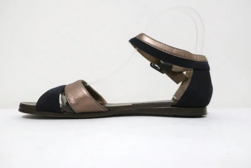 Marni Ankle Strap Sandals Bronze Leather & Navy Suede Size 36.5 Open Toe Flats