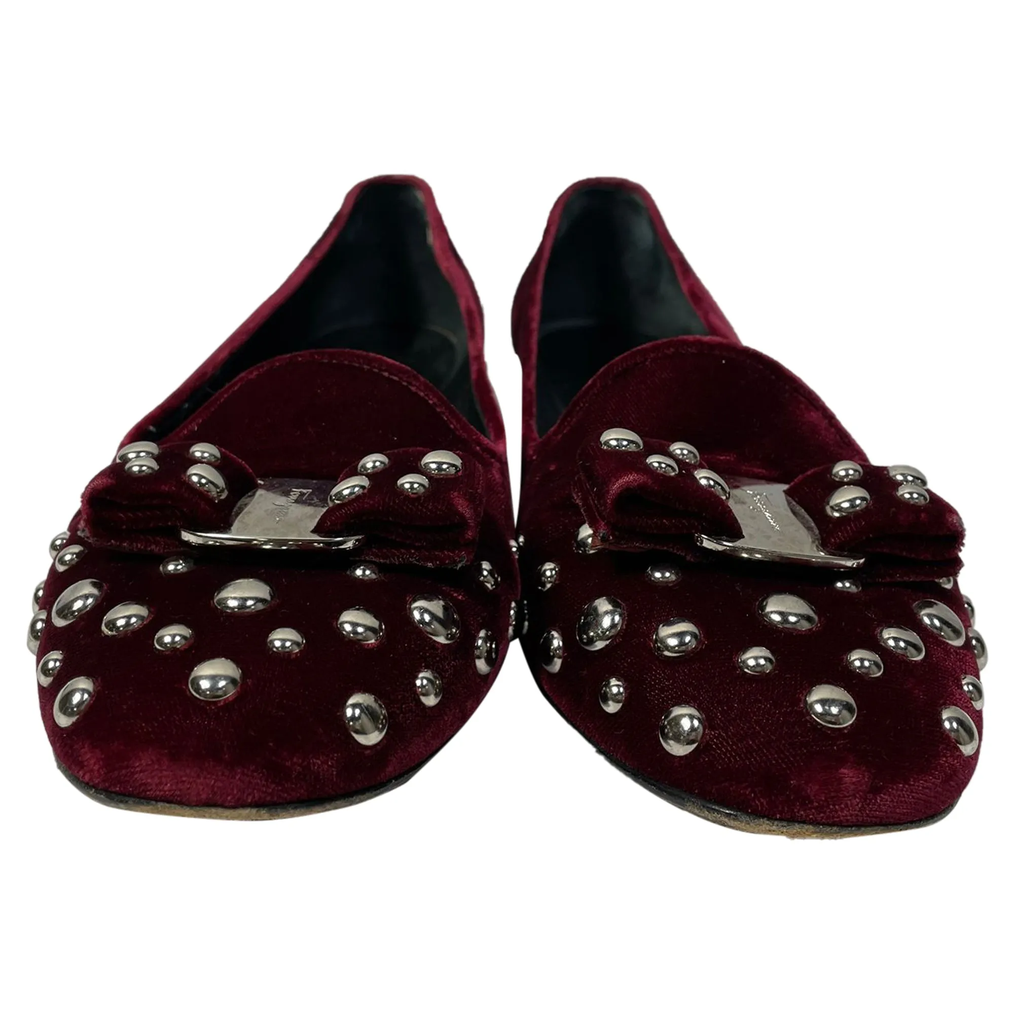 Salvatore Ferragamo Studded Bow Detail Ballet Flats in Burgundy Velvet