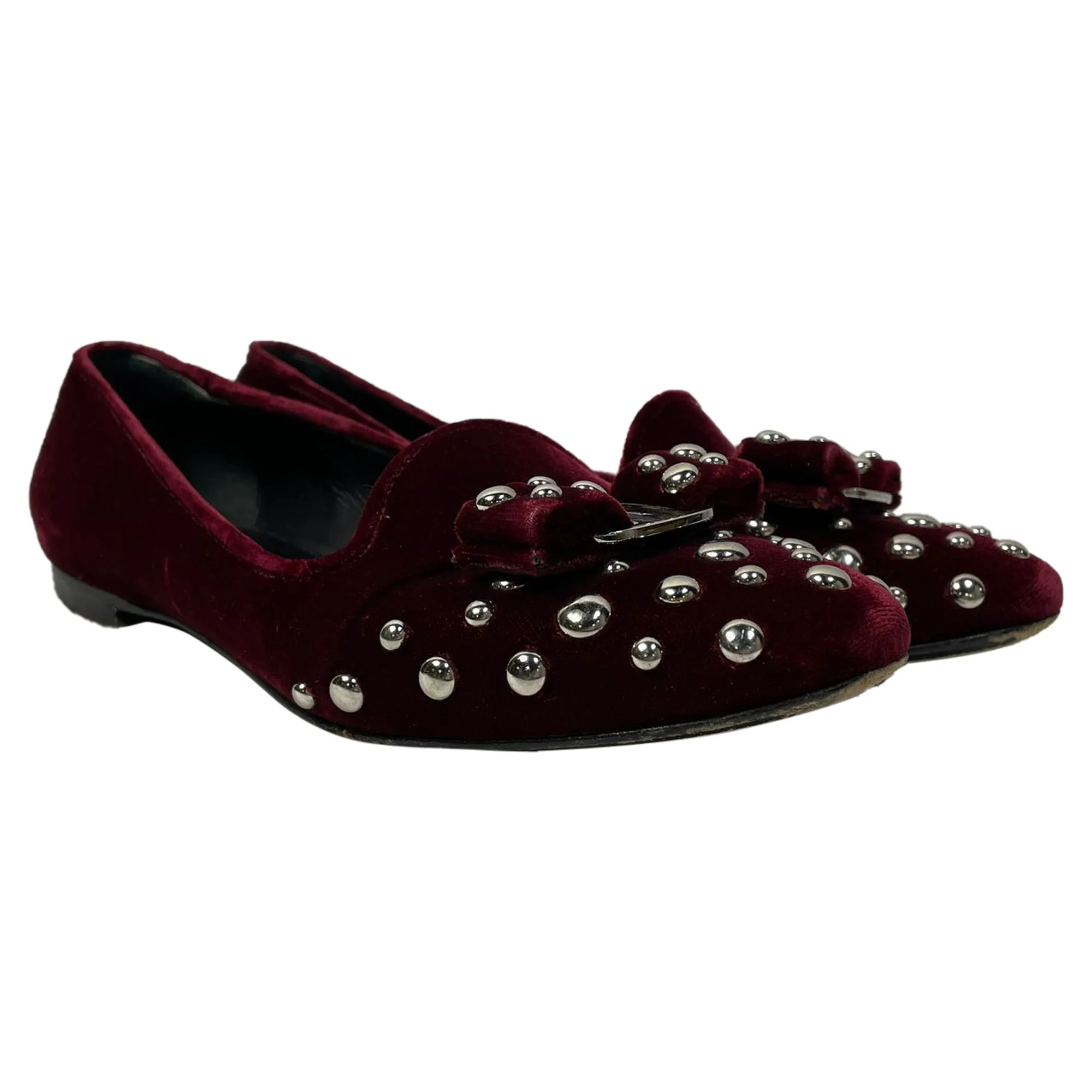 Salvatore Ferragamo Studded Bow Detail Ballet Flats in Burgundy Velvet