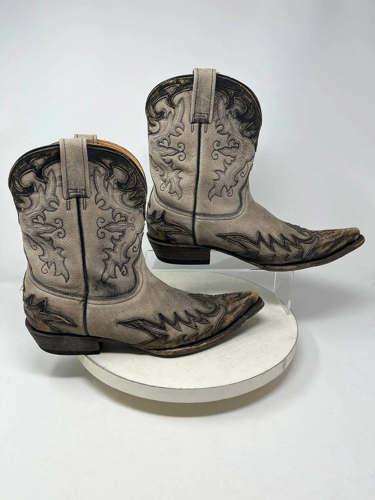 Stetson Size 10.5 Taupe & Brown Embroidered Cowgirl Boots
