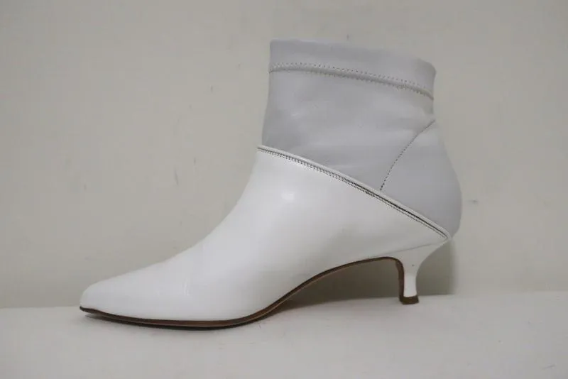 Tibi Ankle Boots Jean White Leather Size 38 Kitten Heel Sock Booties