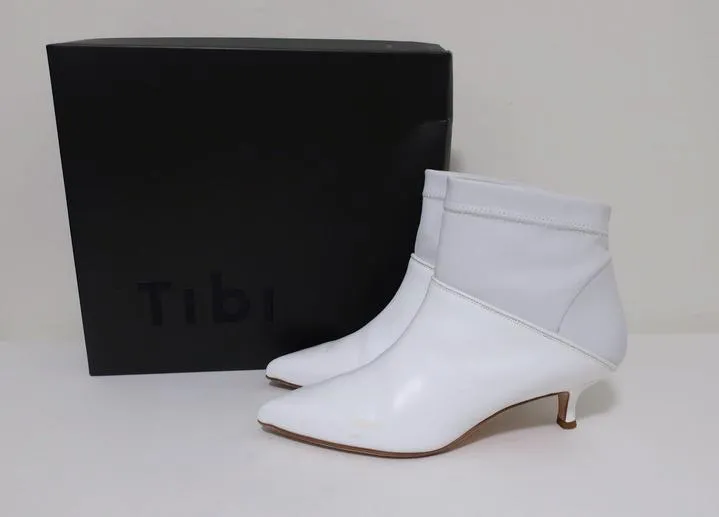 Tibi Ankle Boots Jean White Leather Size 38 Kitten Heel Sock Booties