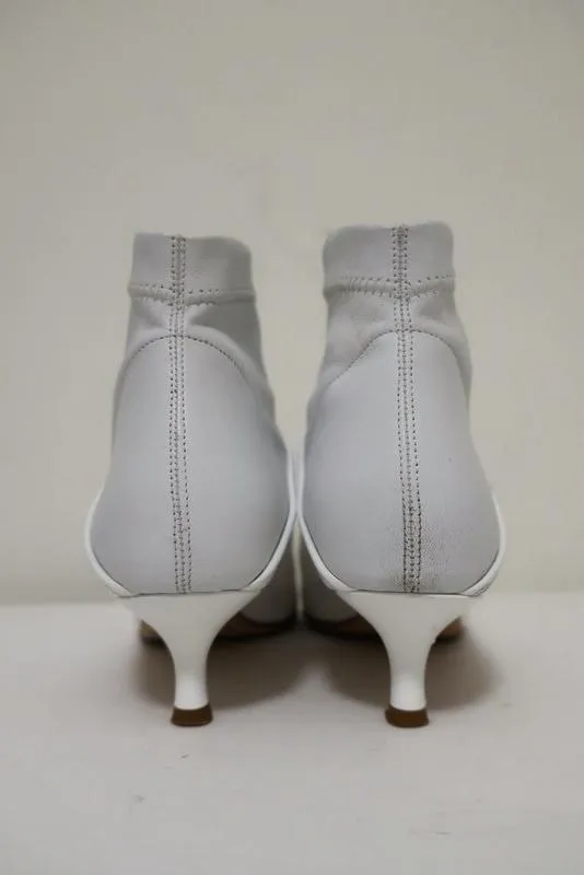 Tibi Ankle Boots Jean White Leather Size 38 Kitten Heel Sock Booties
