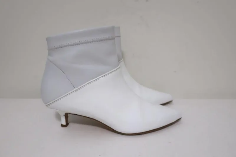 Tibi Ankle Boots Jean White Leather Size 38 Kitten Heel Sock Booties