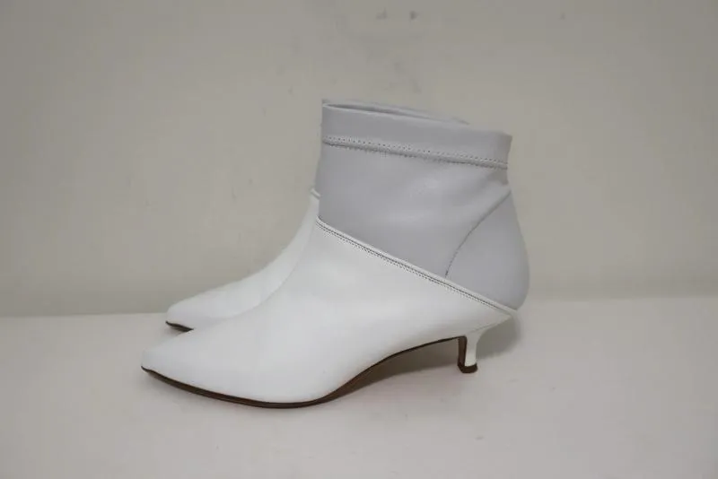 Tibi Ankle Boots Jean White Leather Size 38 Kitten Heel Sock Booties