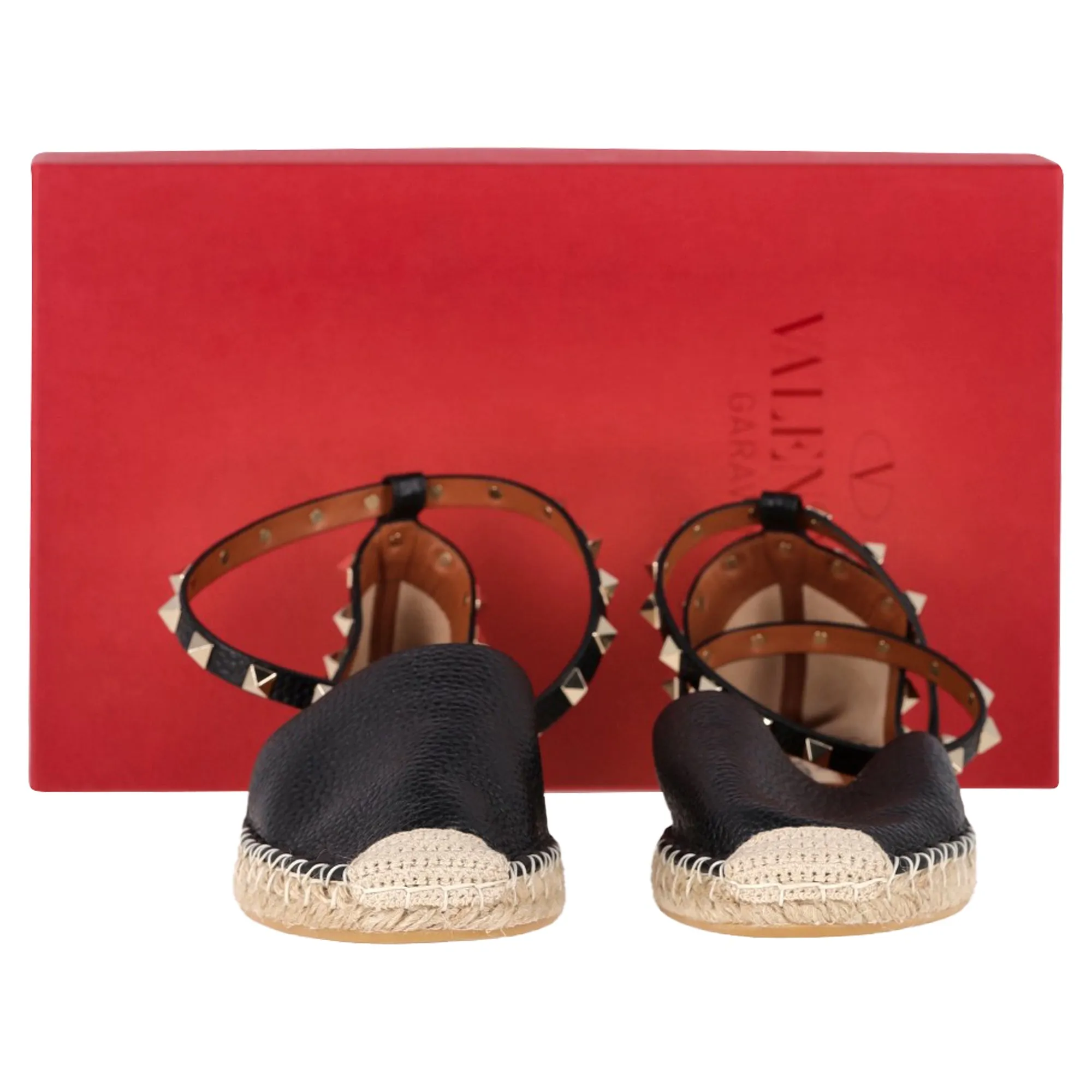 Valentino Garavani Rockstud Ankle Strap Espadrille Flats in Black Leather