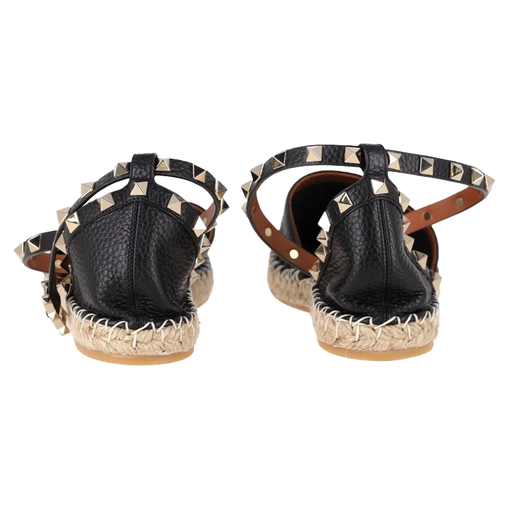 Valentino Garavani Rockstud Ankle Strap Espadrille Flats in Black Leather