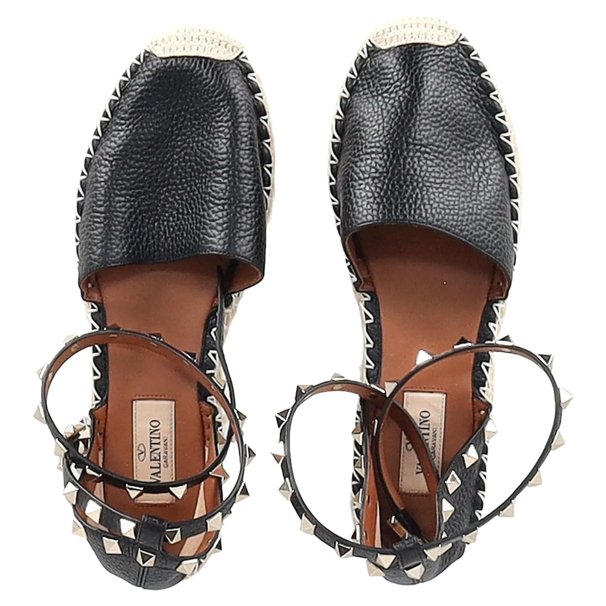 Valentino Garavani Rockstud Ankle Strap Espadrille Flats in Black Leather
