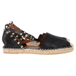 Valentino Garavani Rockstud Ankle Strap Espadrille Flats in Black Leather
